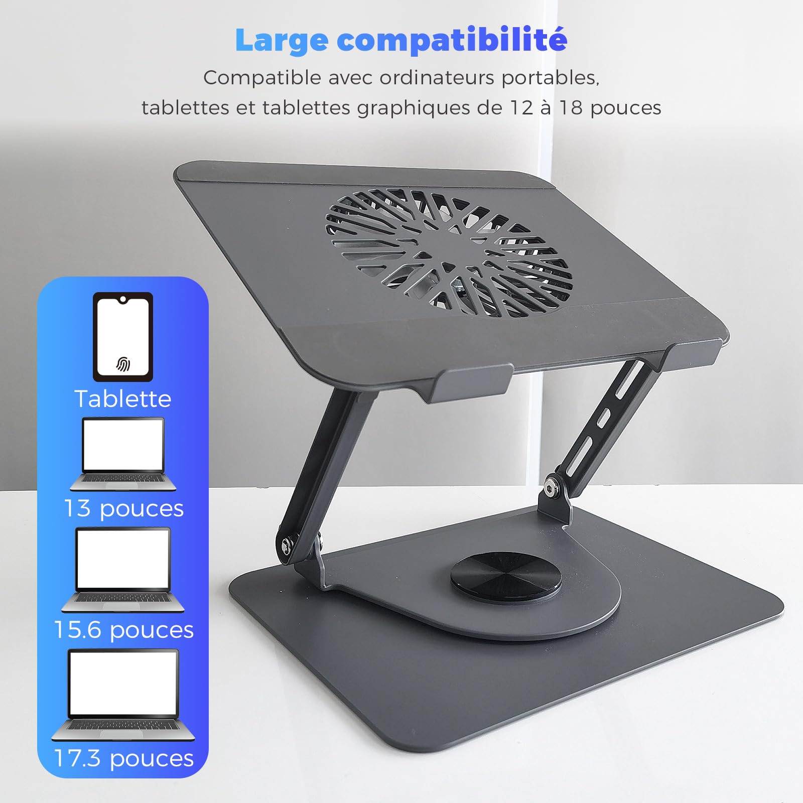 Support pour ordinateur portable en aluminium, rotatif à 360°, pliable, avec ventilateur magnétique pour le refroidissement, compatible avec MacBook et appareils de 10 à 17,3 pouces (gris