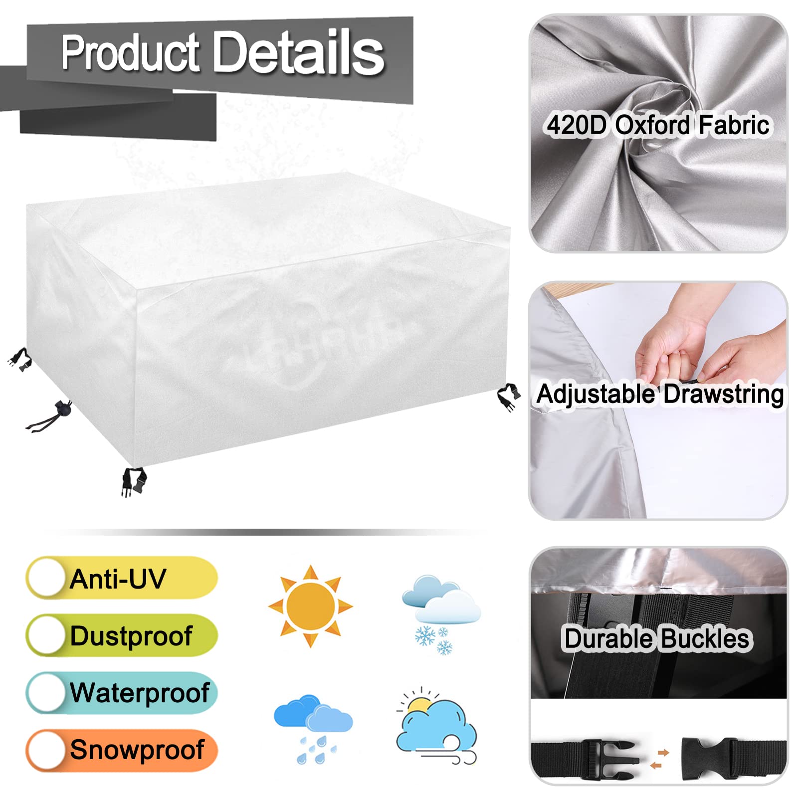 Abdeckung Gartenmöbel Rechteckig Abdeckhaube Gartentisch 420D Oxford Gewebe Wasserdichtes Winddicht Schutzhülle für Gartentisch Möbelsets-Silver|| 290x260x140cm/LxWxH