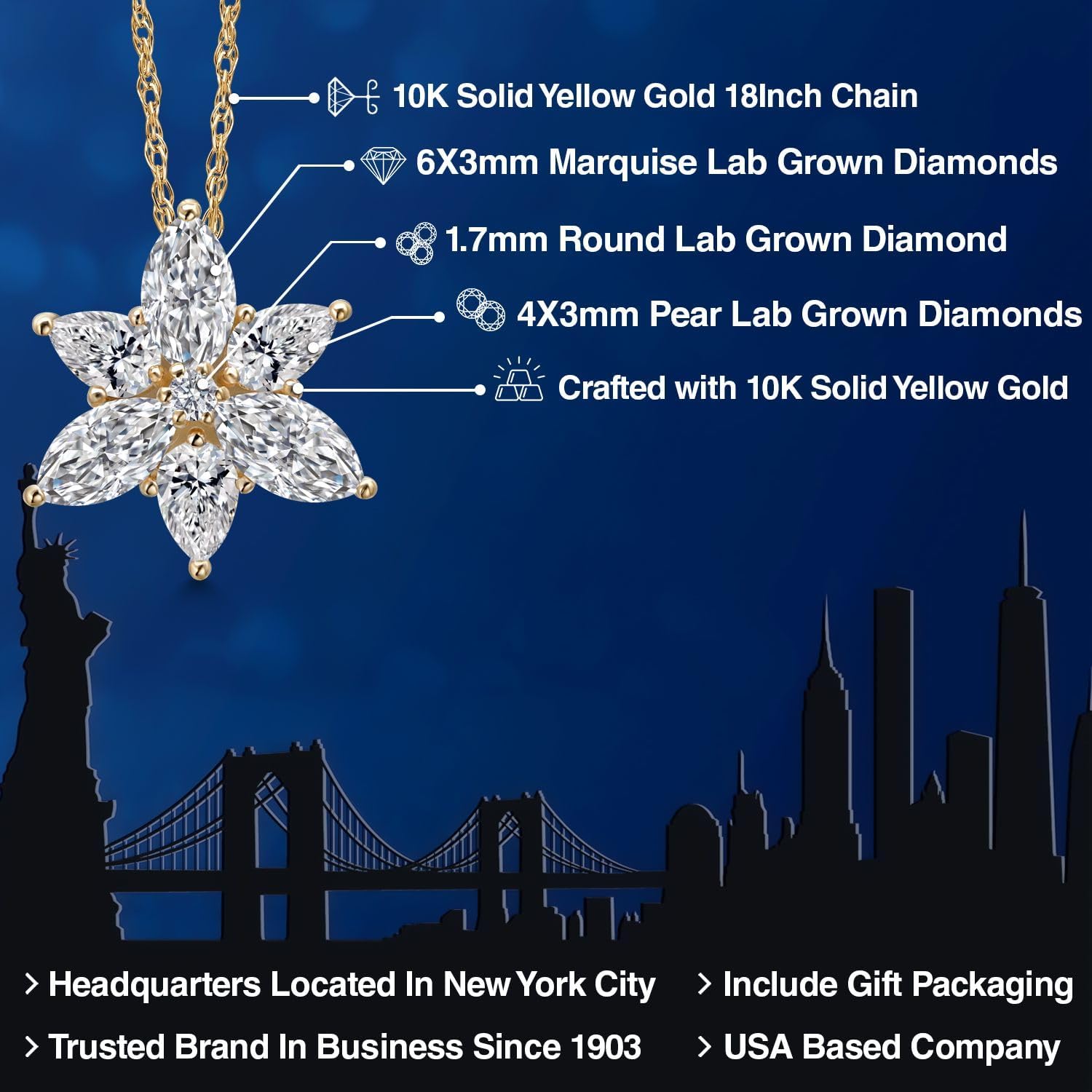 Gem Stone King 1.05 Cttw 10K Yellow Gold Lab Grown Diamond Flower Star Pendant Necklace for Women | Marquise 6X3MM | Pear Shape 4X3MM | DEF Color | VVS-VS Clarity | 18 Inch Chain - Image 2