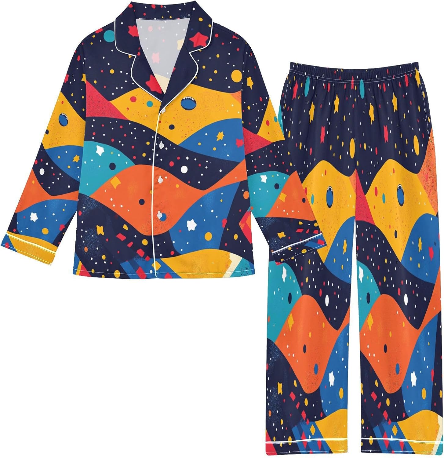 Button Up Satin Pajamas Set Star Colorful Galaxy Novelty Long Sleeve Sleepwear 2 Piece Pjs Set 5-14 Years