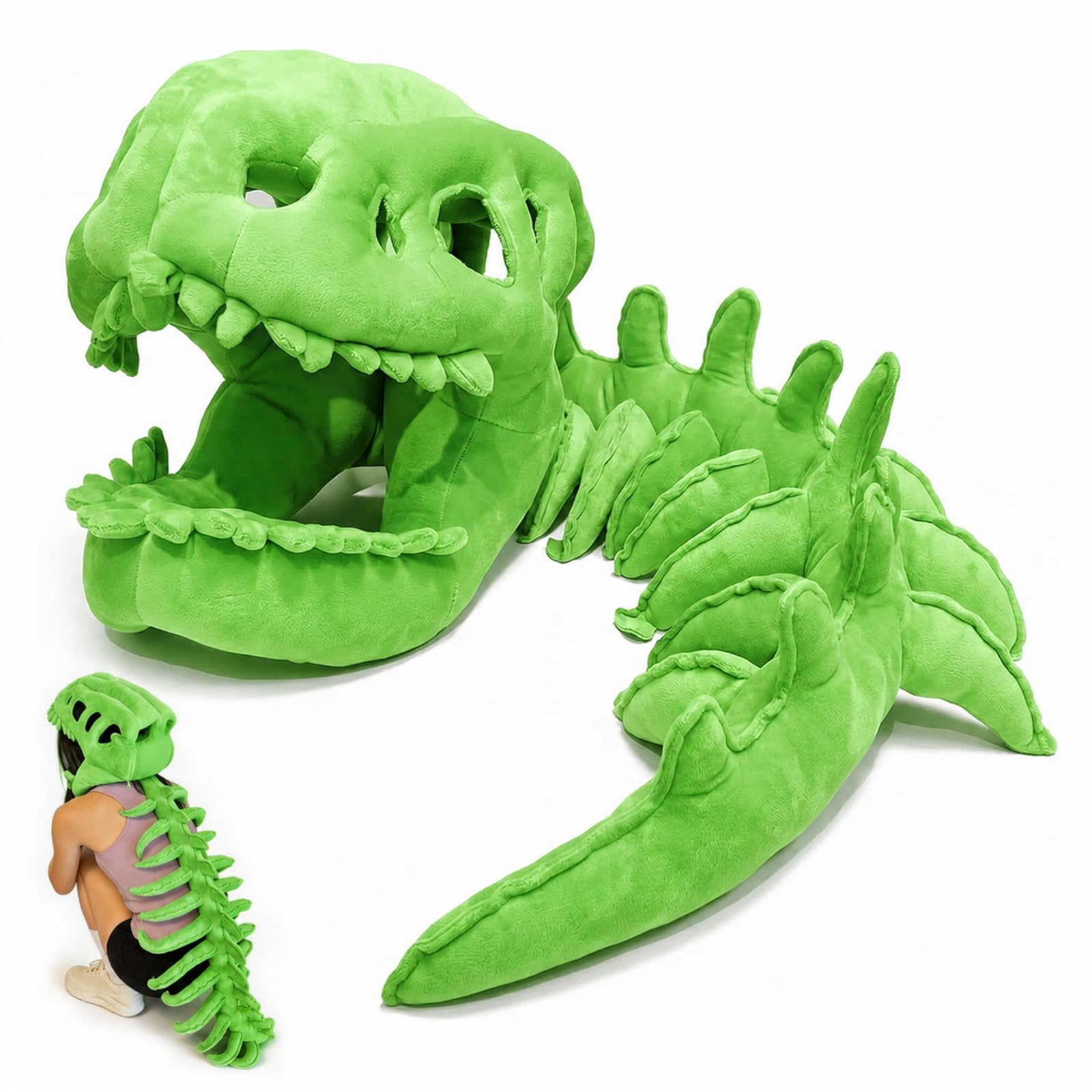 Dinosaur Skeleton Costume, Realistic Dinosaur Skeleton Costume, Wearable Soft Fossil Outfit, Plush Dinosaur Skull Headpiece And Spine Costume, Halloween Fun Dinosaur Costume for Cosplay (Green) — image 1
