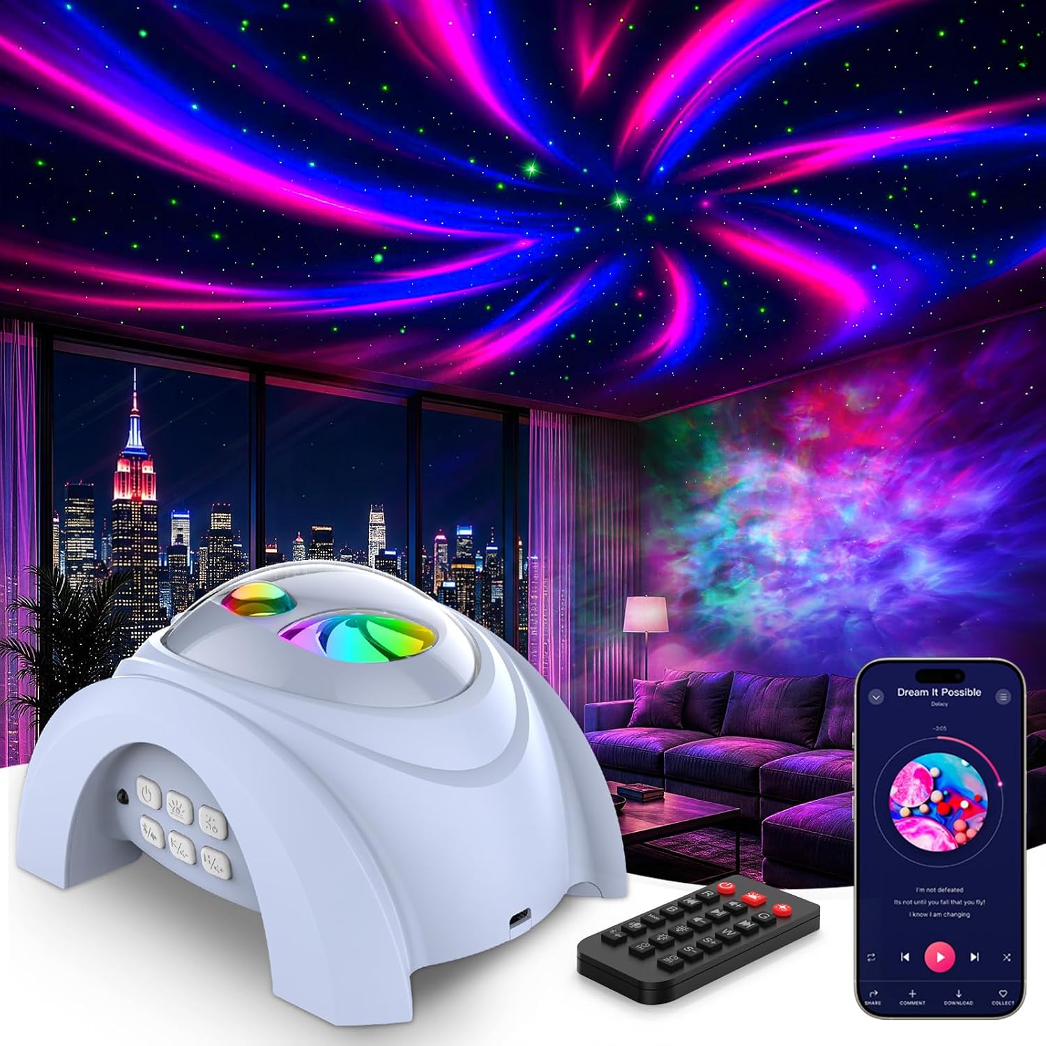 Rossetta Dual Lens Galaxy Star Aurora Projector Night Light for Bedroom