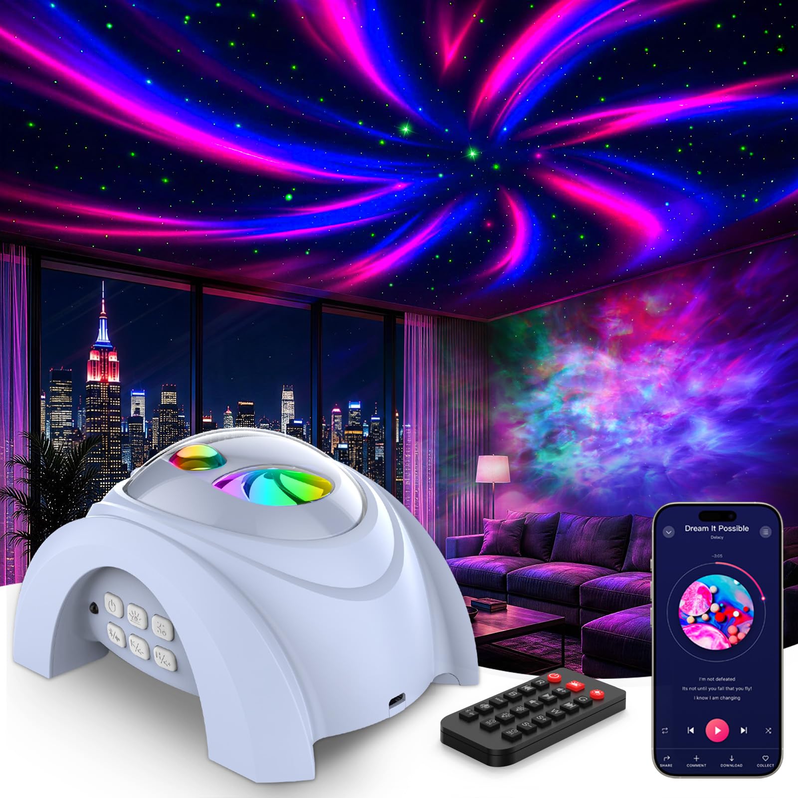 Rossetta Dual Lens Galaxy Star Aurora Projector Night Light for Bedroom