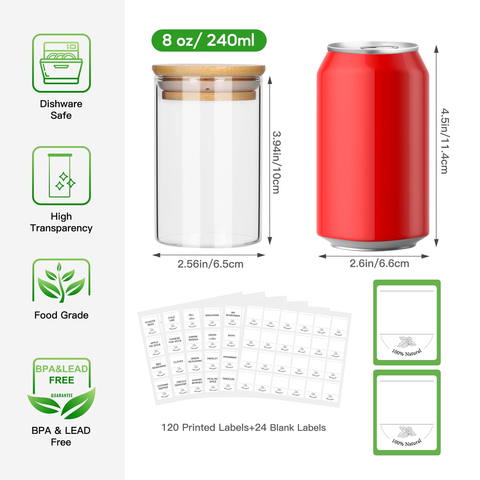 STARSIDE 8 oz Glass Jars with Bamboo Lids,Set of 15 Empty Spice Jars with Labels,Glass Seasoning Organizer,Spice Containers,Airtight Food Storage Container,Borosilicate Glass Canisters Sets