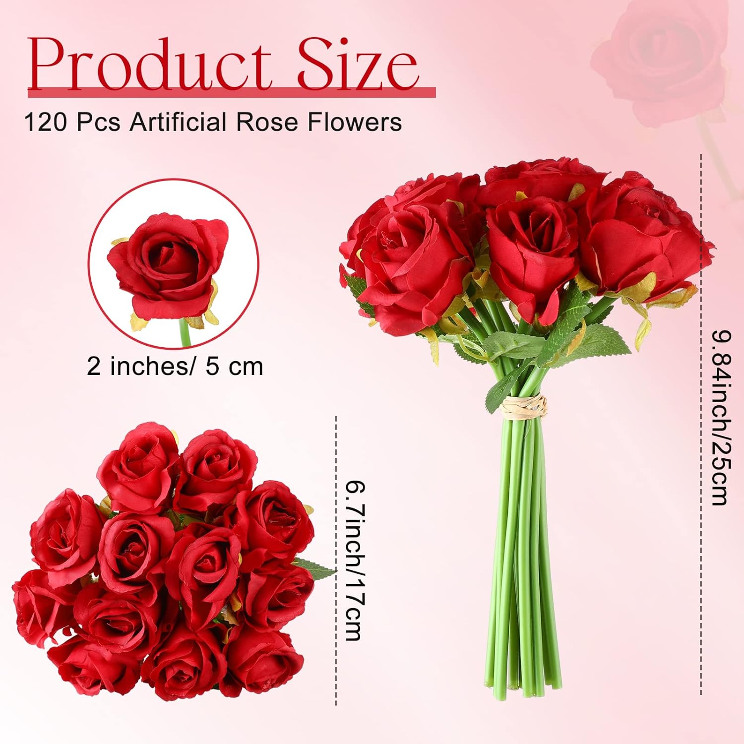 Jexine 120 Pcs Artificial Rose Flowers Bouquet Bulk Silk Realistic Fake Flowers for Wedding Anniversary Bridal Bouquet DIY Floral Arrangement Romantic Home Decor Gifts(Red) - Image 2