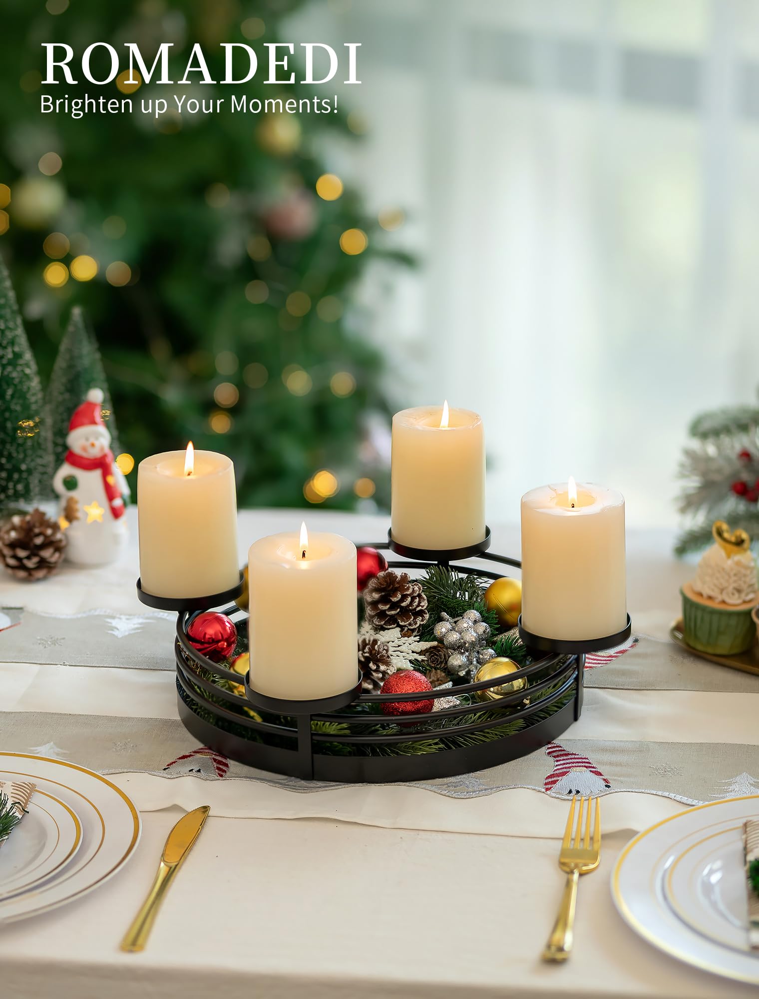 Romadedi Adventskranz Modern Schale Metall: Adventsschale Gestell Rund Matt Schwarz Ø 30cm für 4 Stumpenkerzen Ø 8 cm - Adventsgesteck mit Tablett für Tisch