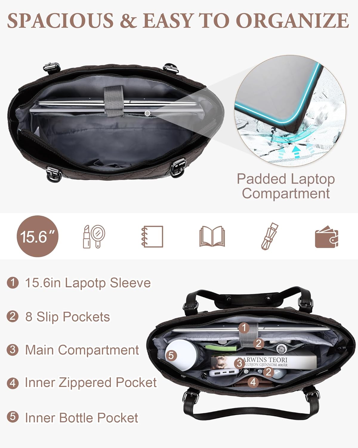 VASCHY Quilted Laptop Tote Bag for Women, Medium Puffer Work Shoulder Bag Purse