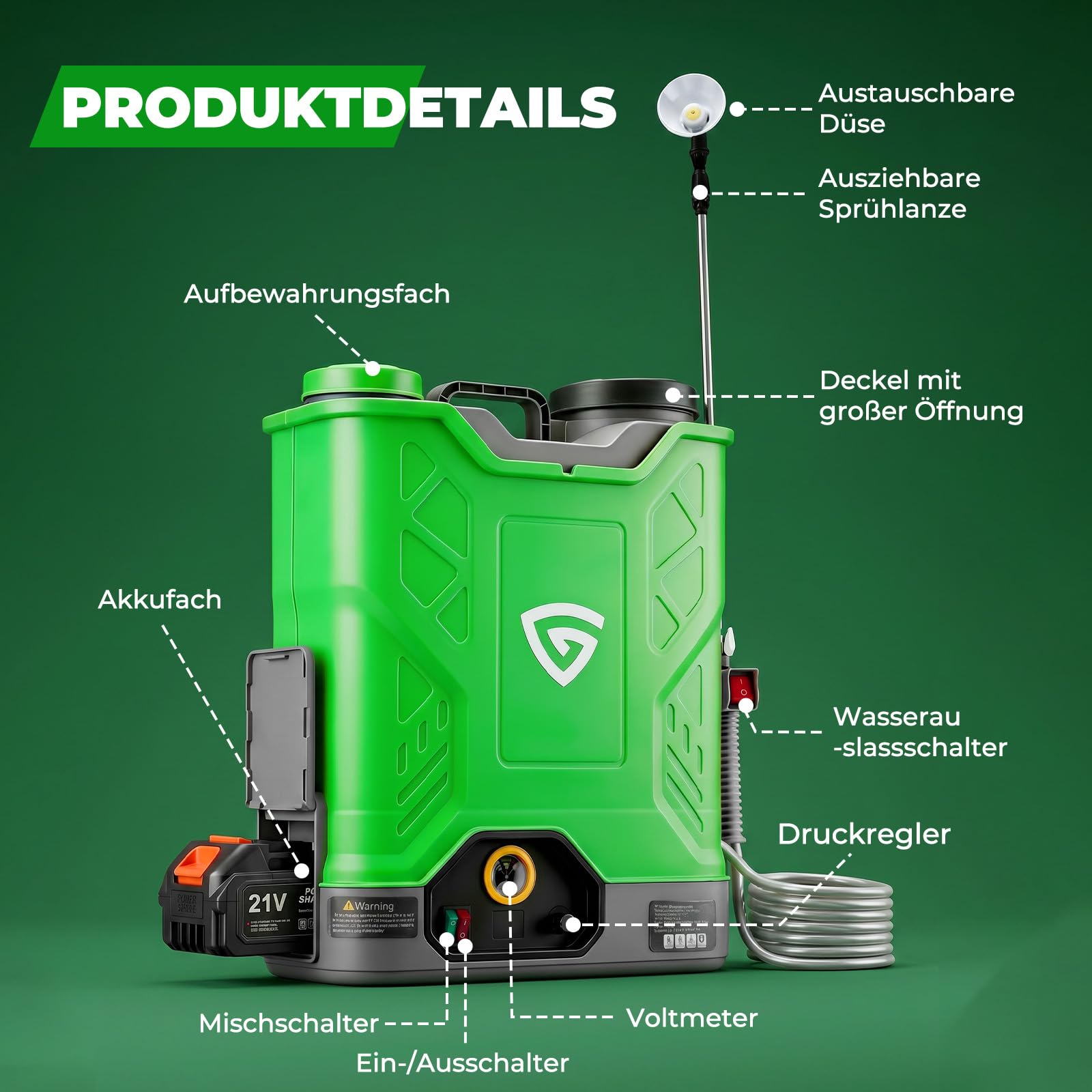 Pulverizador a presión con batería de 18L con 2 baterías de 21 V y 4,0 Ah, jeringa de espalda con presión de 0-100 PSI, sistema de agitación, 7 boquillas y lanza telescópica, para jardín
