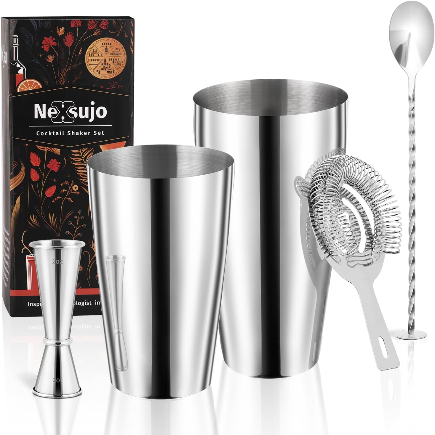 Boston Cocktail Shaker Set, 4-Piece Bar Tools Set, Professional Bar Set with Boston Shaker, Bar Spoon, Jigger, Hawthorne Strainer, Stainless Steel, Dishwasher Safe, Ideal Bartender Kit for Bar