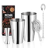 Nexsujo Boston Cocktail Shaker Set, 4-Piece Bar Tools Set, Professional Bar Set with Boston Shaker, Bar Spoon, Jigger, Hawthorne Strainer, Stainless Steel, Dishwasher Safe, Ideal Bartender Kit for Bar
