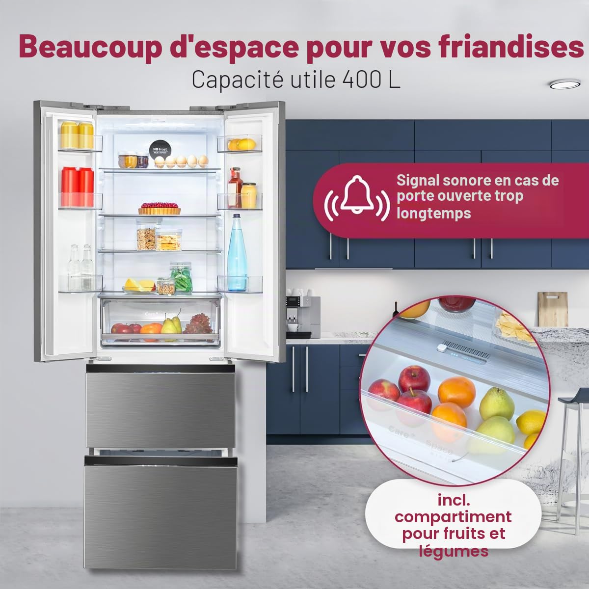 Bomann, Réfrigérateur et Congélateur 400L Inox KG7354-Inox, Capacité 251L Réfrigérateur & 149L Congélateur, Système MultiAirflow, Écran LED Tactile, Absence de Givre, Économie d'Énergie, 37 dB