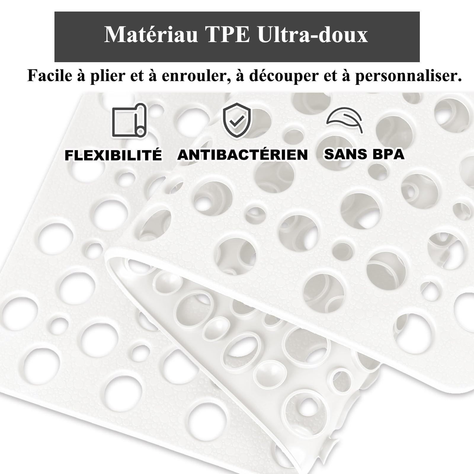 Tapis de douche antidérapant - 80 x 120 cm - En TPE souple - Antidérapant - Avec ventouses - Extra long - Sans BPA - Grand tapis de douche antidérapant à séchage rapide (grand blanc, 80 x 120 cm)
