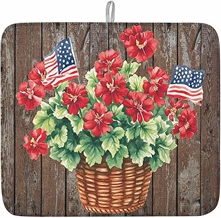Independence Day Dish Drying Mat for Kitchen Counter Patriotic Red Flower Eucalyptus Wood Baby Microfiber Drying Pad, Absorbent Coffee Cup Dishes Drainer Mats 18"x24", 1 Pcs