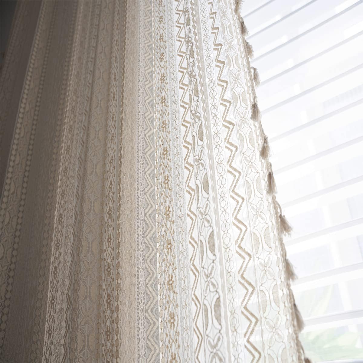 2 Panels Boho Crochet Knitting White Curtains 63 84 96 inches Length, Light Filtering Window Curtains Drapes, Farmhouse Retro Semi Sheer Vintage Lace Tassel Curtains for Bedroom Living Room Decoration