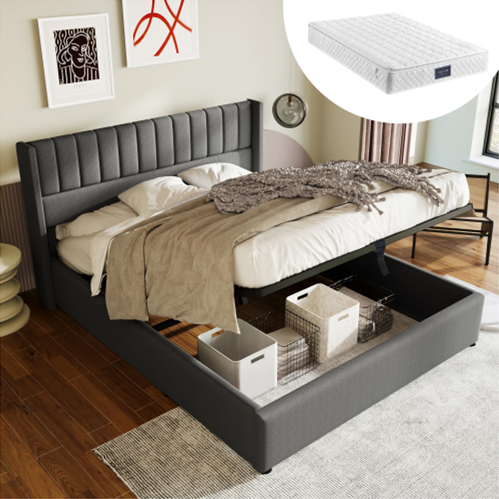 Letto Imbottito Idraulico Con Rete A Doghe In Metallo Letto Matrimoniale King Size Biancheria Letti Per Ragazzi Per Adulti Letto Contenitore Box Letti Per Gli Ospiti Grigio Con Materasso 160x200