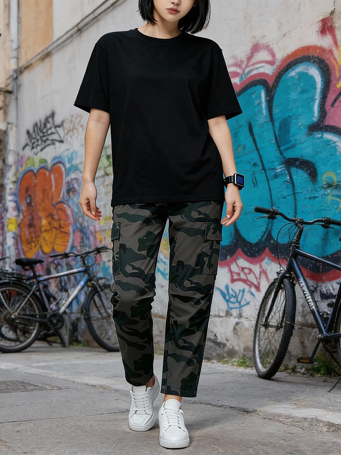Women's Camo Cargo Pants High Waisted Elastic Drawstring Straight Leg Casual Trousers with Pockets, Jogger Pants