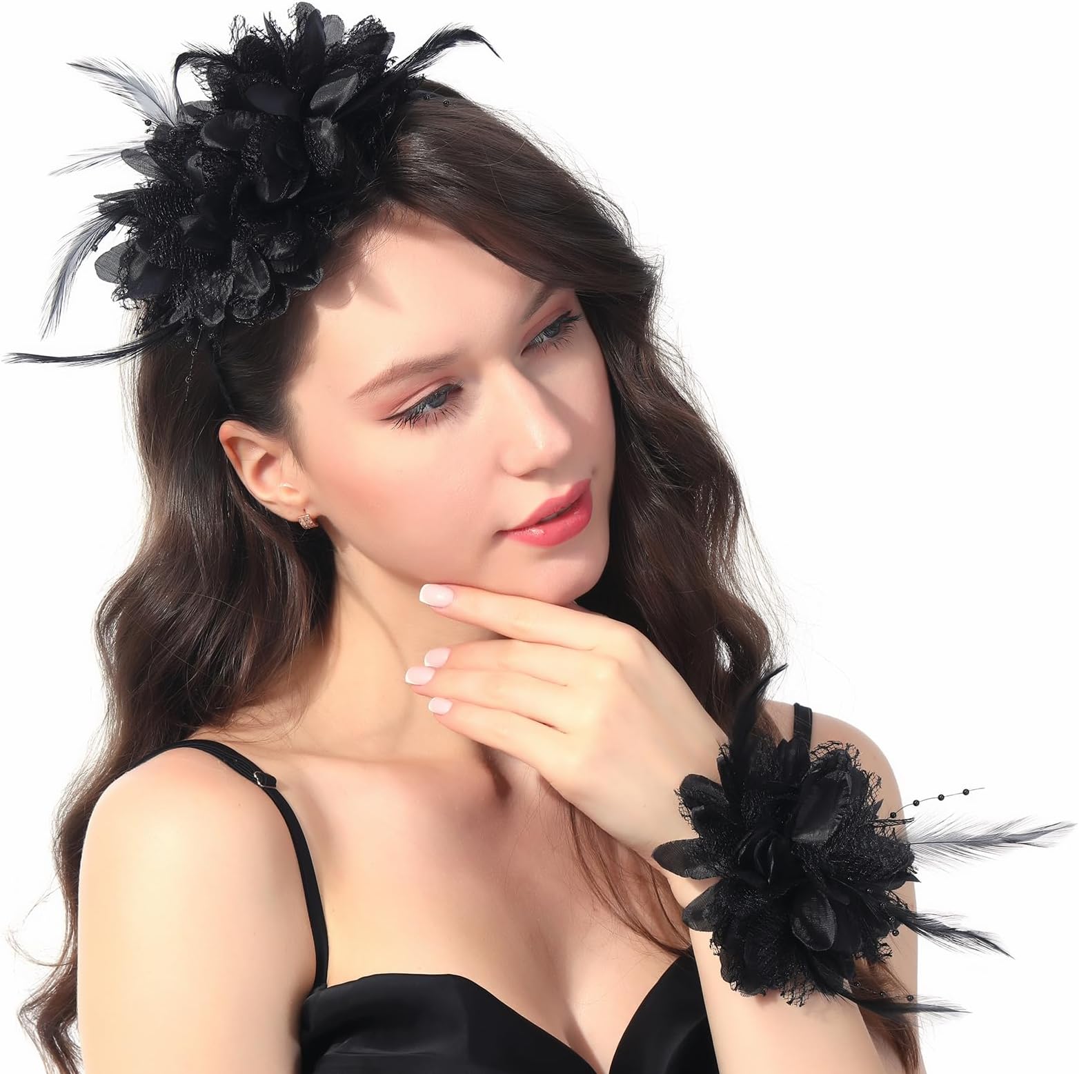 LadieryWomen Flower Fascinators with Wrist Corsage for Wedding Tea Party Feather Fascinator Headband for Kentucky Derby