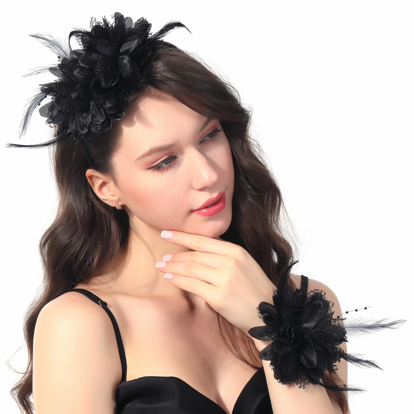 LadieryWomen Flower Fascinators with Wrist Corsage for Wedding Tea Party Feather Fascinator Headband for Kentucky Derby