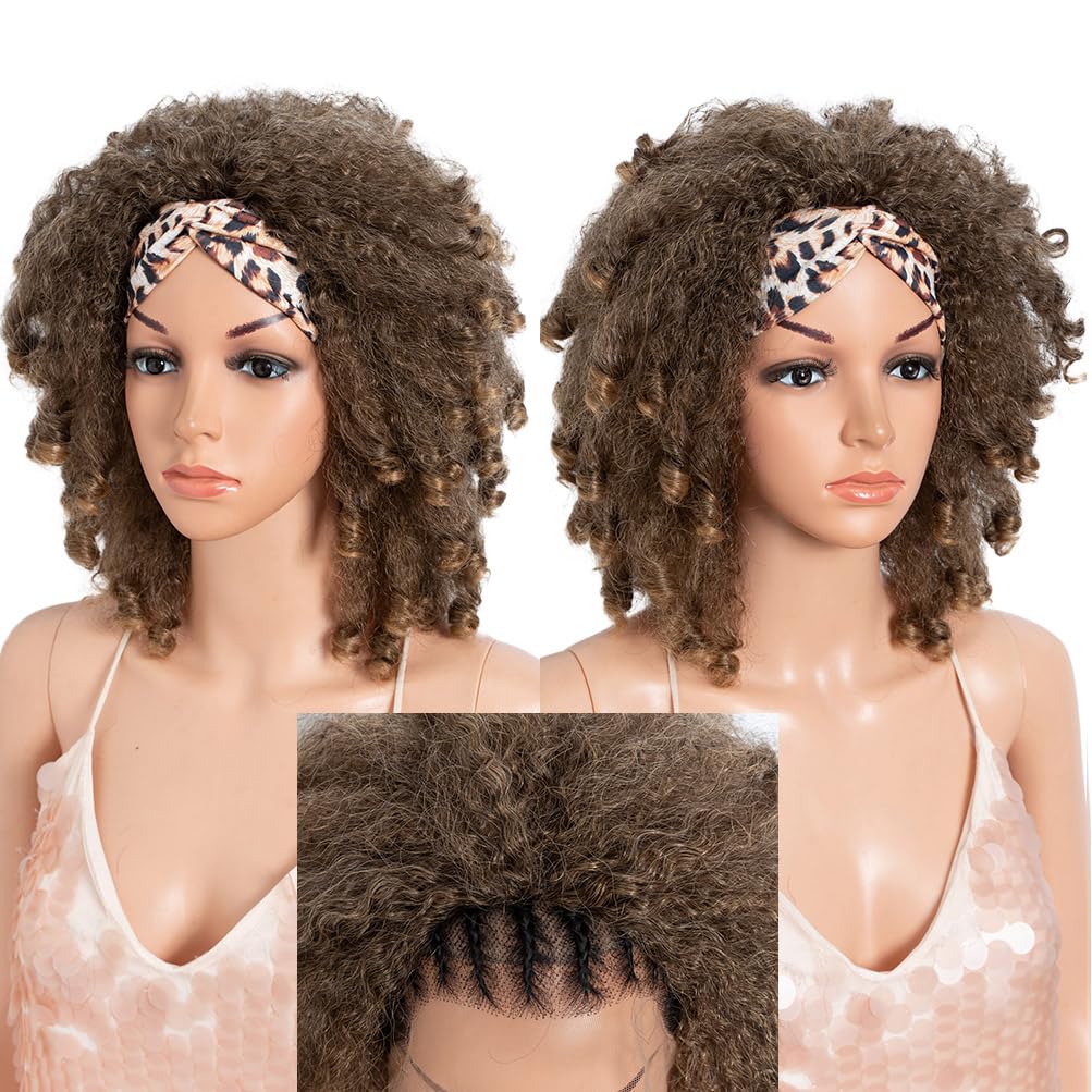 Style Icon 3-in-1 Magic Drawstring Half Wig | 14" Short Afro-Textured Large Volume Ombre Light Brown Blonde Color Synthetic Hair | No Glue, No Sew | Ponytail & Bun Styler