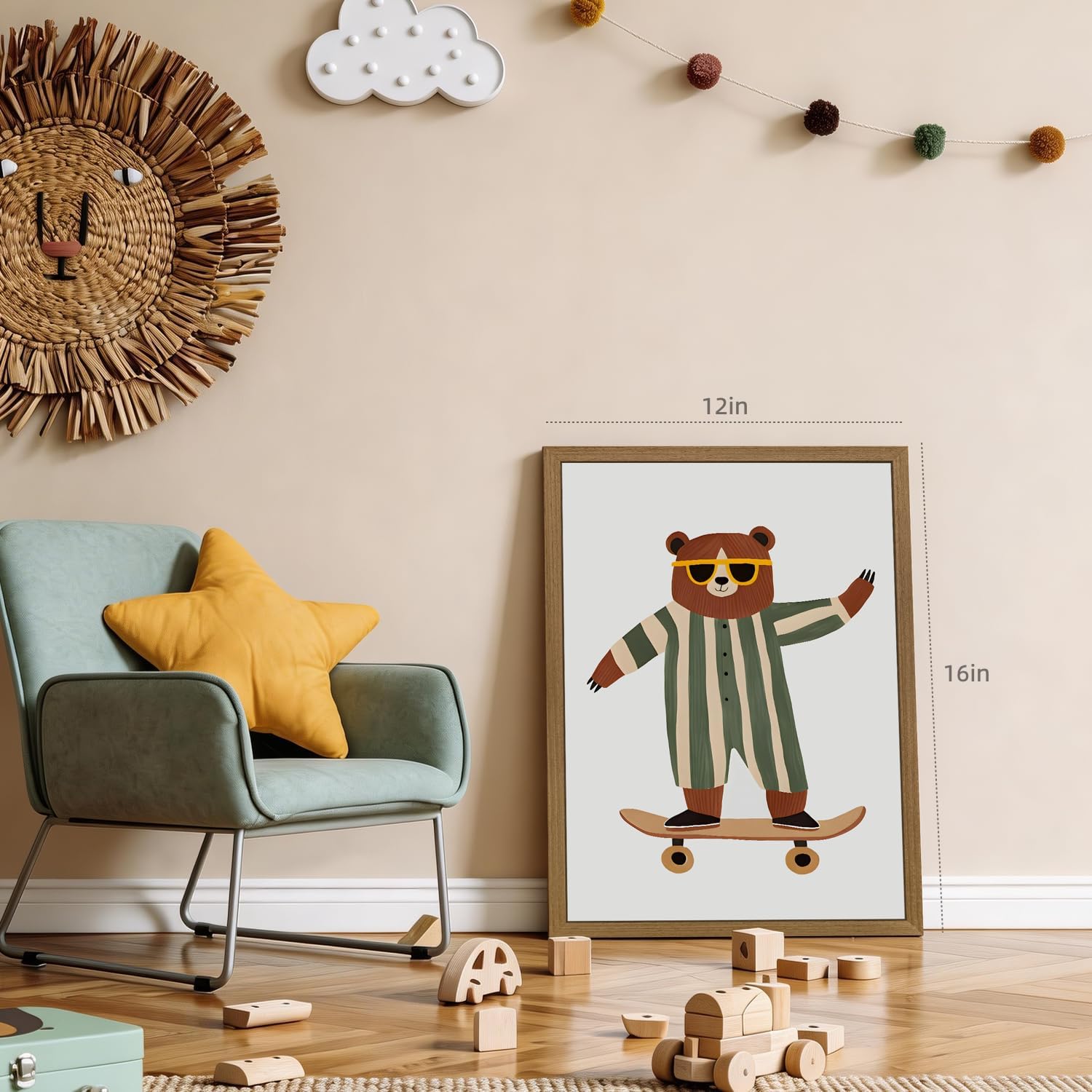 Grajoy Wood Framed Cool Skateboard Animal Wall Art, Funny Brown Bear Canvas Painting, Vintage Bear with Sunglasses Kids Poster Print, Modern Minimalist Wall Decor for Living Room Playroom 12x16 Inch