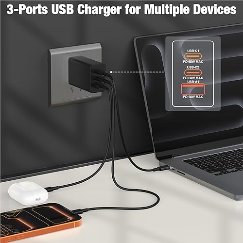 Miniatura 7 de Cargador rápido USB-C de 65 W, bloque de carga de 3 puertos y cable USB-A a C de 3+3 pies y 6+6+10+10 pies tipo C a C para Samsung Galaxy Negro