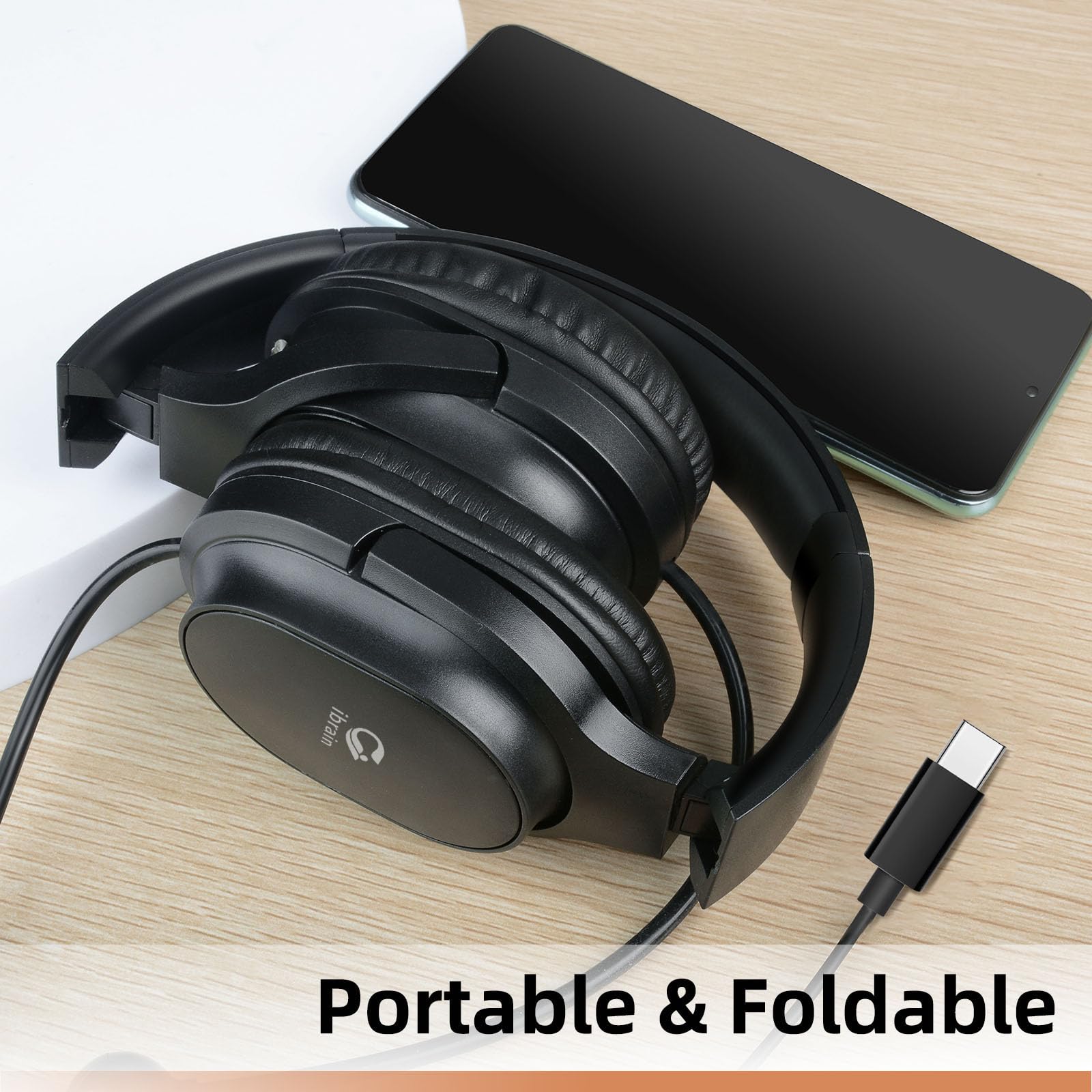 ibrain Casque USB C Air Tube Type C Airtube supra-auriculaire Headpohones Écouteurs Filaires Air Tube Écouteurs avec contrôle du volume – Noir