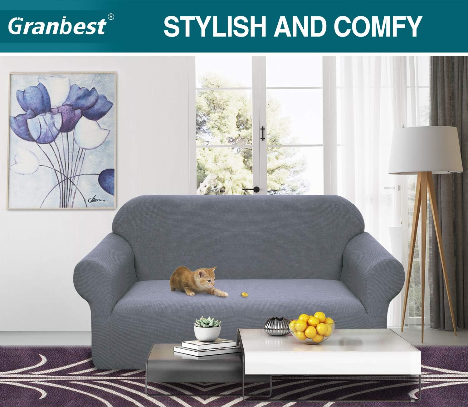 Granbest Premuim Water Repellent Sofa Covers 2 Seater 1 Piece Stretch Loveseat Sofa Covers Non Slip Love Seat Covers for Living Room Jacquard Spandex Furniture Protector (2 Seater - Image 3