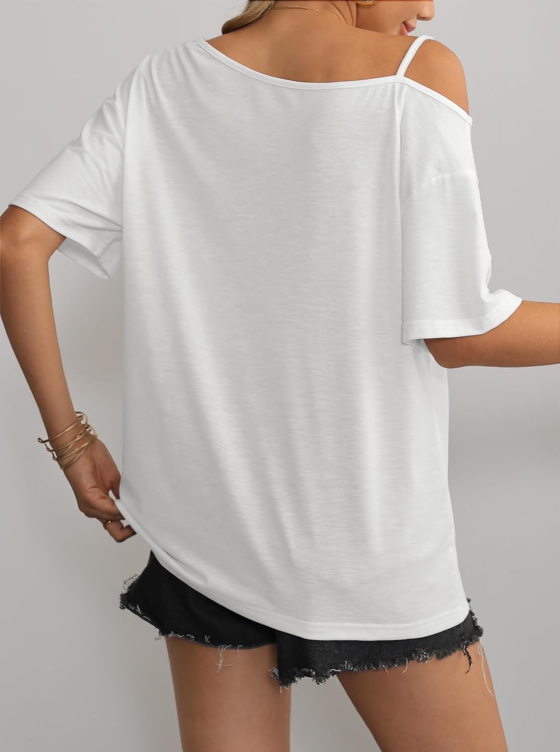 Hilinker Womens Off The Shoulder Asymmetrical Tops Oversized Graphic Tees Sexy Casual T Shirt - Image 3