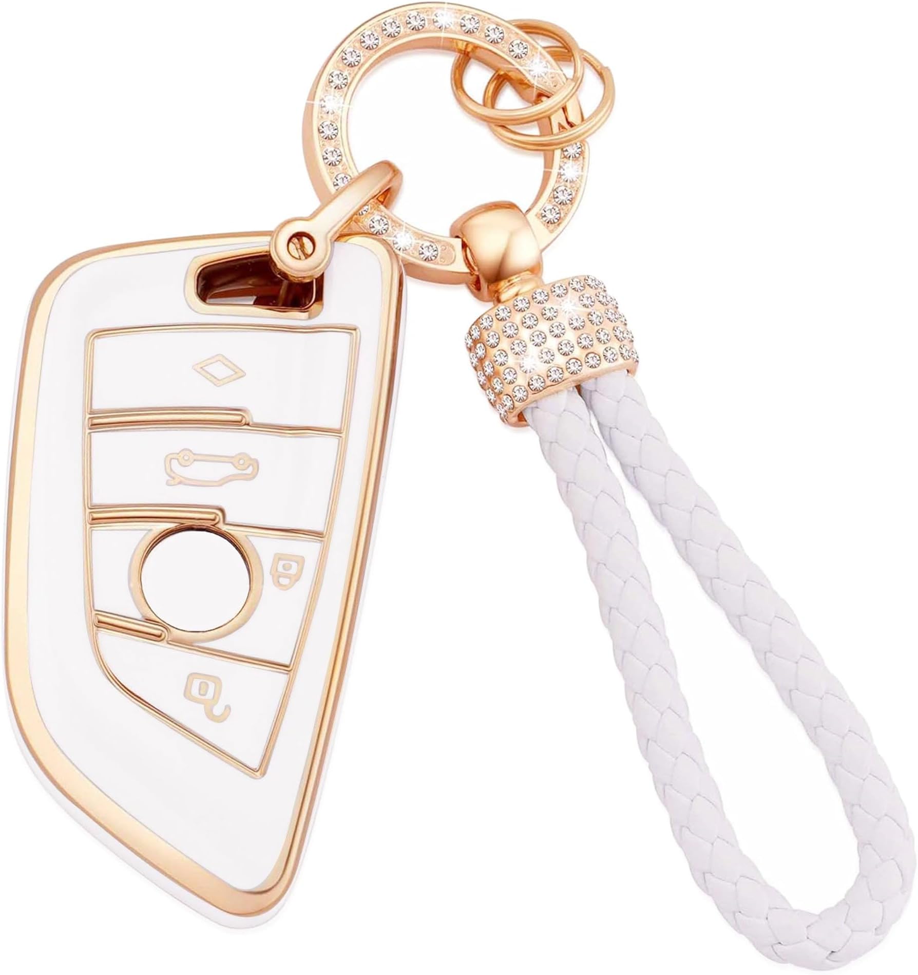 Car Key Full Cover for BMW Soft TPU Full Protection Smart Key Case Shell White with Keychain Lanyard Fit for BMW X1 X2 X3 X5 X6 2 5 6 7 Series 3 4 Buttons Smart Key Fob Case(BM-4D)