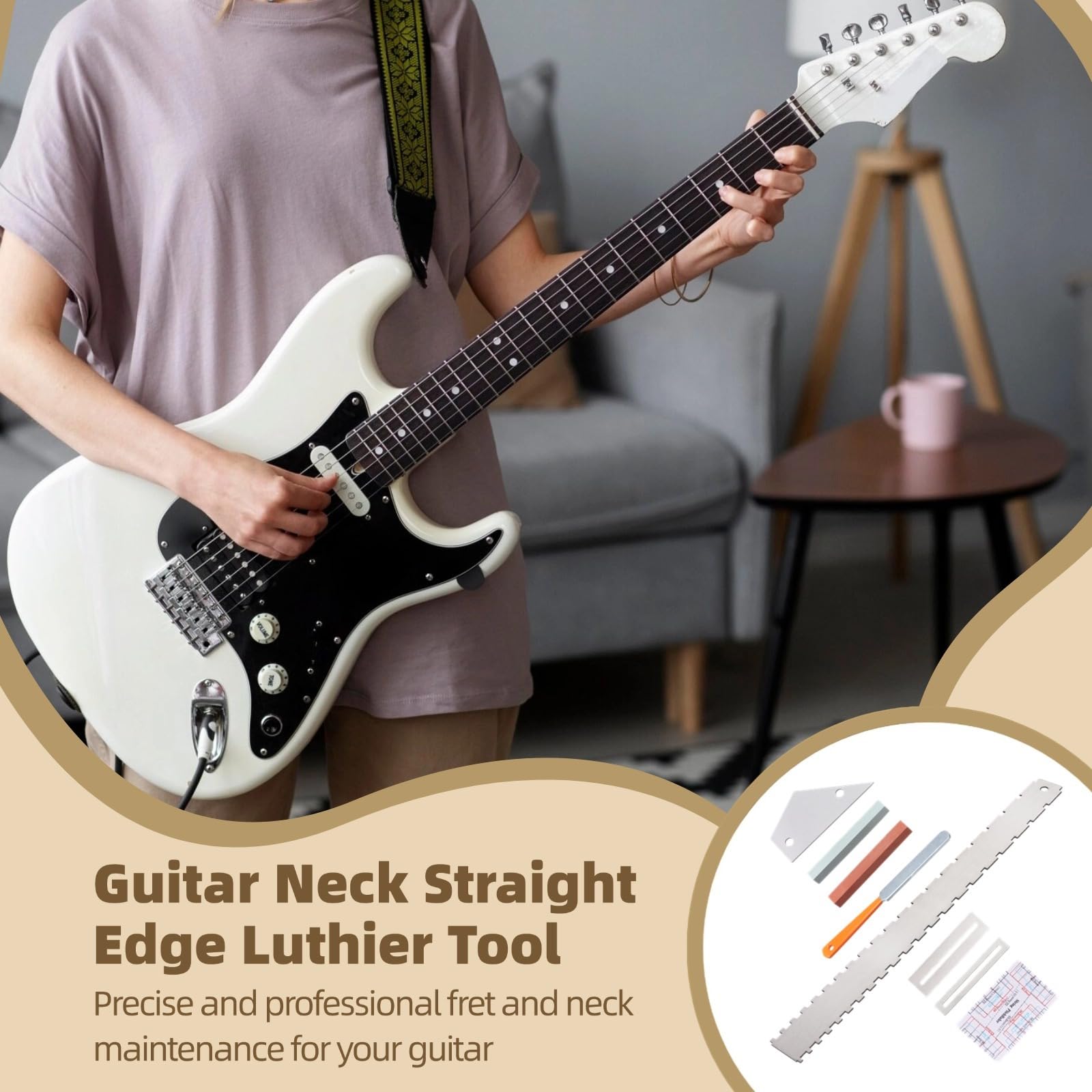 8 PCS Guitar Neck Straight Edge Kit, Gitarrenhals gekerbt gerade Kante Luthier Tool, Fret Rocker, Fret File, Griffbrett Guards, String Action Ruler, Grindstones, Wartung Kit für E-Gitarre Bass