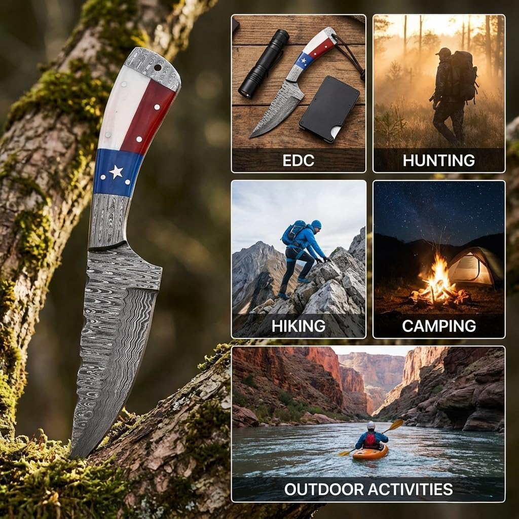 Hercules Custom Hand Forged Damascus Hunting Knife with Leather Sheath Fixed Blade Camping, Bushcraft, Survival, Outdoor Knife, Texas Flag Handle, Handmade Full Tang (FBK-A)
