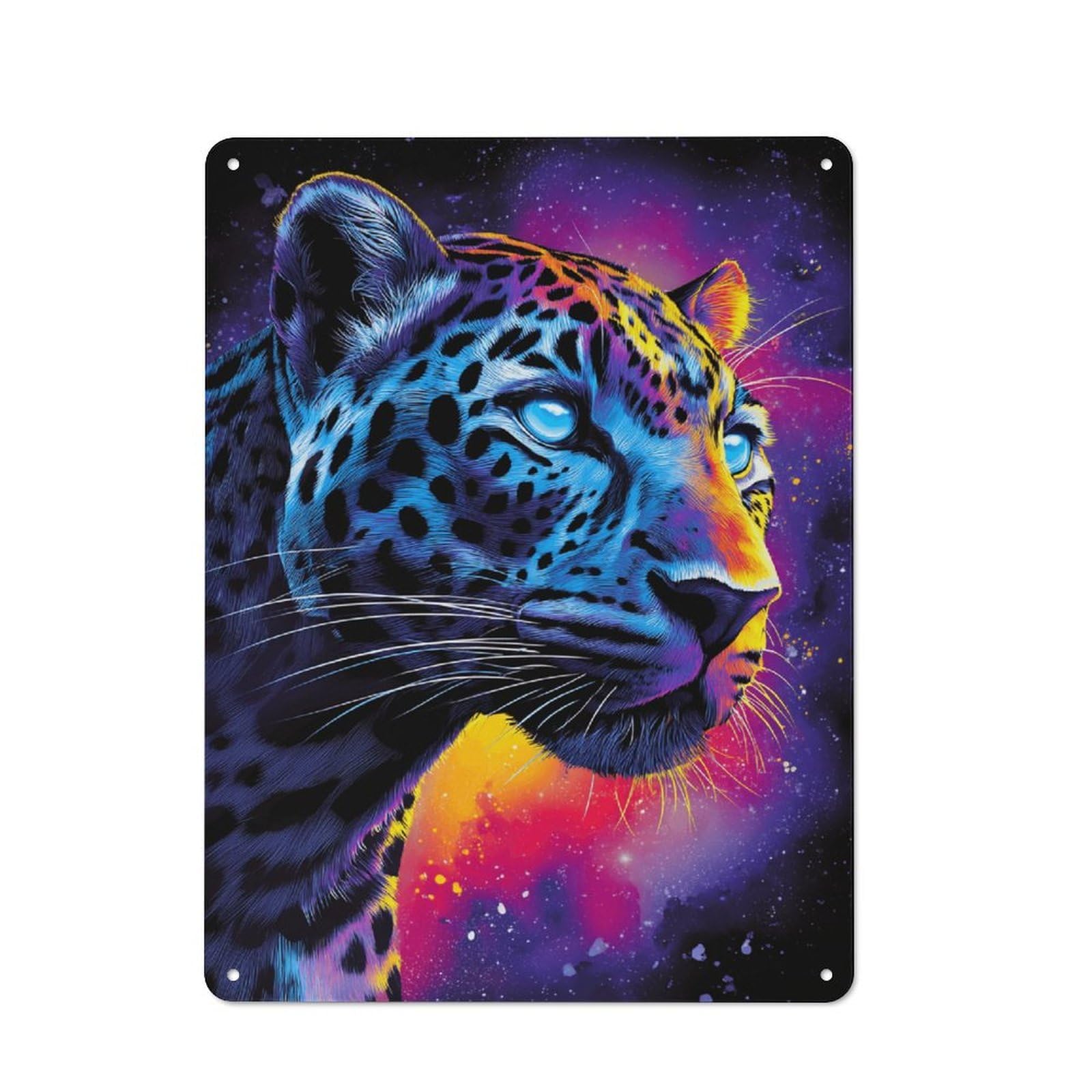 Classic Metal Plaque 40x30cm Featuring Neon Leopard in Cosmic Space, Bistro Wall Plaque for Kitchen, Cafe, Pantry Or Dining Room