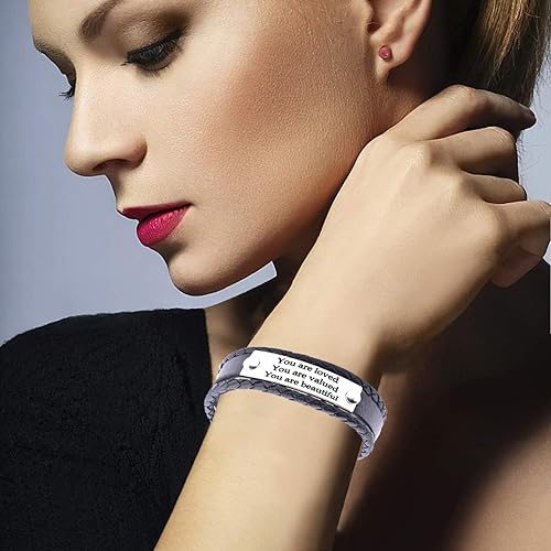 Miniatura 6 de Regalos inspiradores para mujeres con texto en inglés "You are Loved You are Valued You are Beautiful", pulsera inspiradora de cuero apilable,