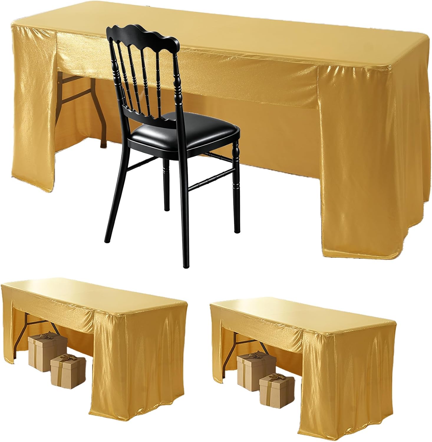 2 Pack Gold Tablecloth 6 Foot-Open Back Fitted Tablecloth Rectangle Table | Shimmer polyester 6FT tablecloth for vendor booths, craft fairs, trade shows, cake tables, Christmas, weddings and banquets