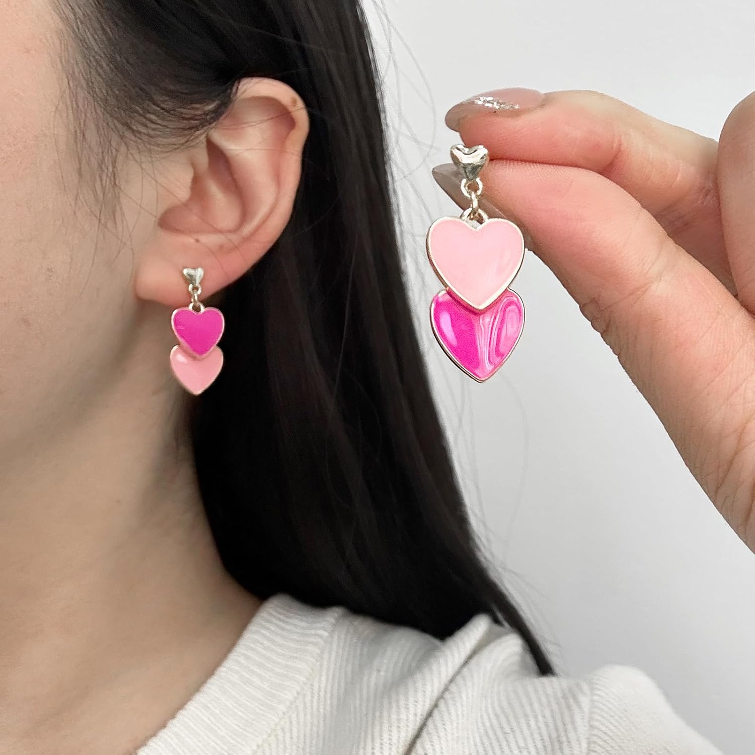 Red Heart Earrings for Women Double Love Heart Dangle Stud Earrings - Image 2