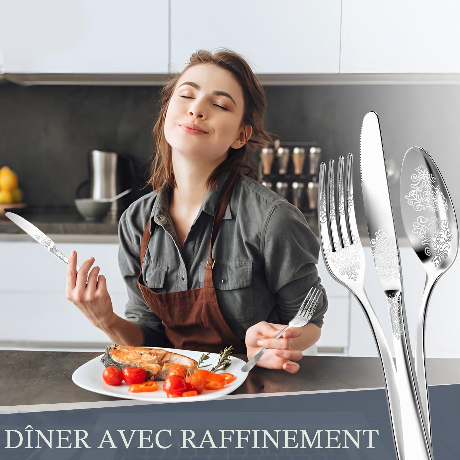 DRAGON RIOT Couvert de Table 12 Personnes - 60 Pieces Set de Couverts en Acier Inoxydable, Menagere Argent avec Couteaux à Manger, Fourchette, Petite Cuillère, Ménagère pour Le Ménage, Restaurant,Fête