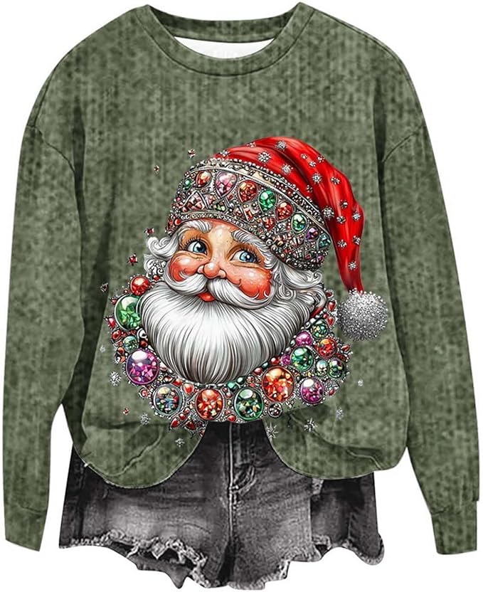 Sweat-Shirt Femme Imprimé Père Noël Épaule Oblique à Manches Longues