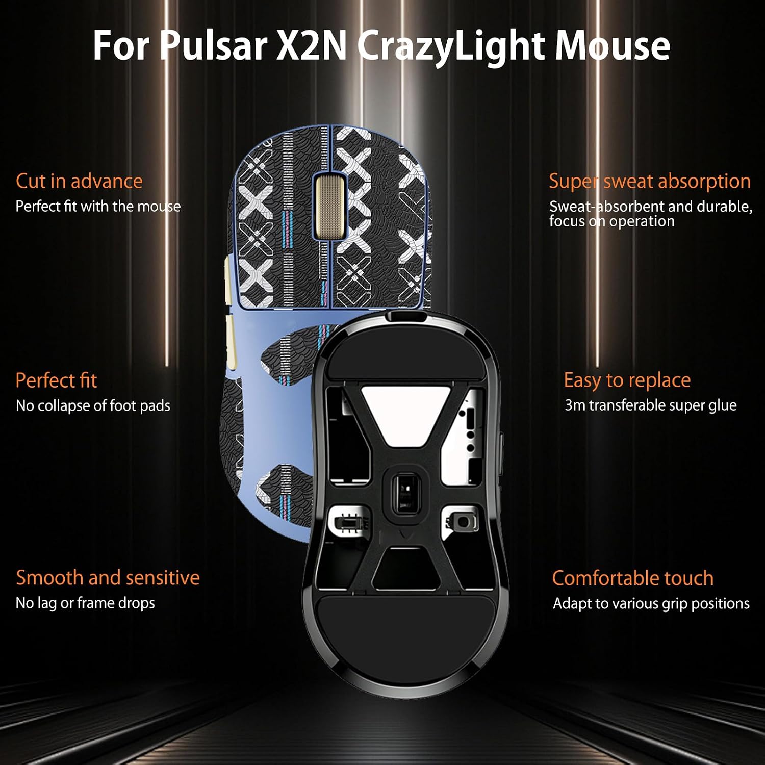 NOUKAJU Mouse Grip Tape Full Coverage for Pulsar X2N Crazylight, Self-Adhesive Sweat-Resistant Professional Mice Upgrade Kit,Mouse Feet Skates(Foot pad + Black Mouse Grip Tape)