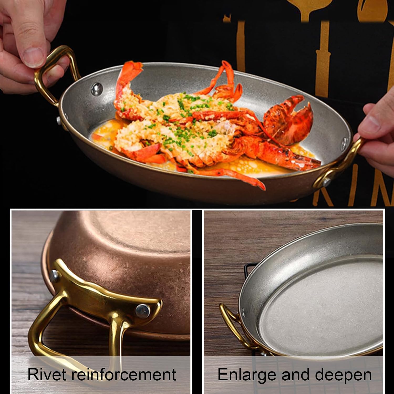 Oval Spanish Paella Pan, 304 Stainless Steel Skillet Pan with Dual Handles, Non-Stick Dinner Server Pan Seafood Paella Pan Cookware for Home Restaurant or Camping,Gold,24cm/9.4inch