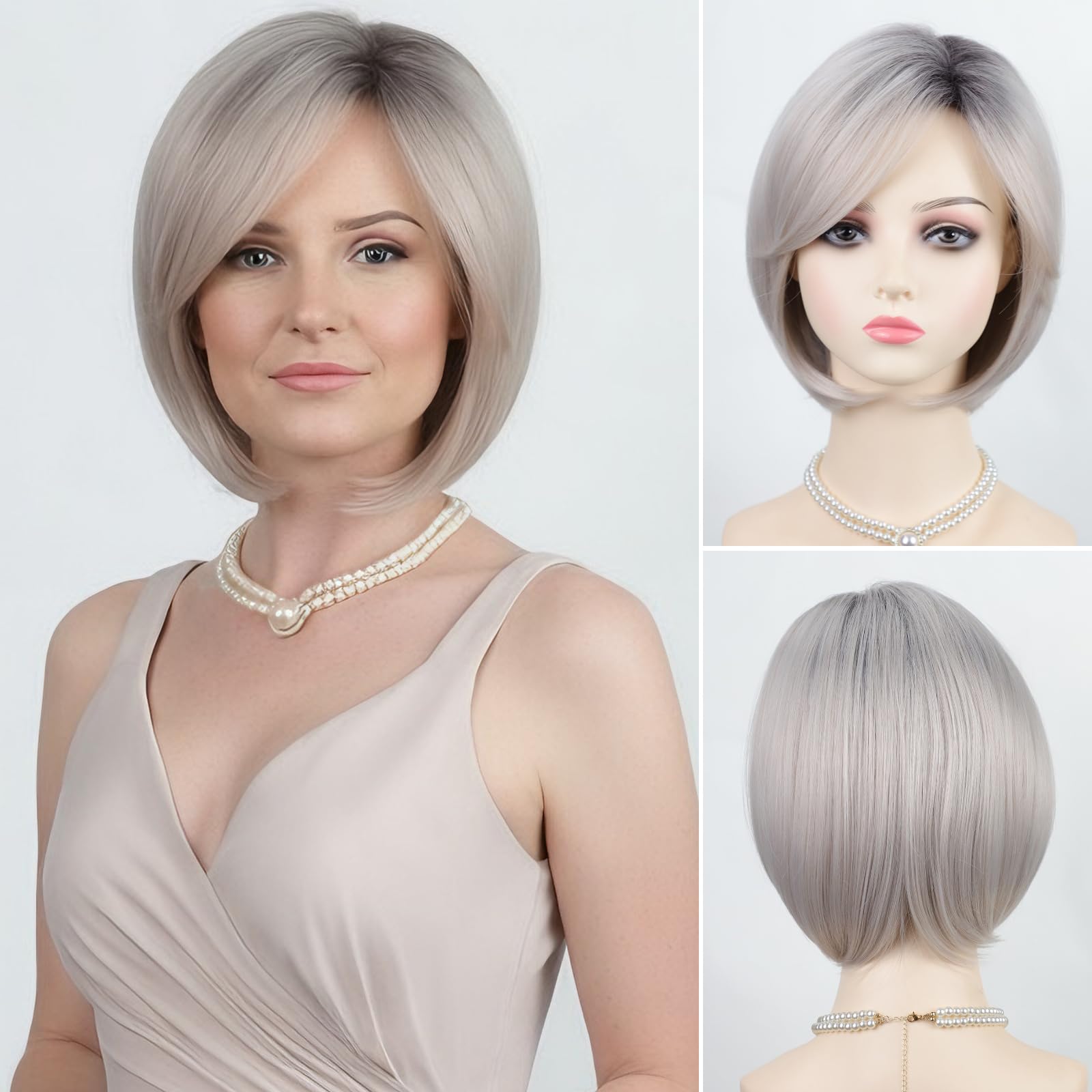 RENERSHOW Grey Bob Short Wigs for White Women Ombre Gray Bob Wig with Bangs Straight Bob Haircuts Heat Synthetic Wigs for Old Lady Average Size Wig