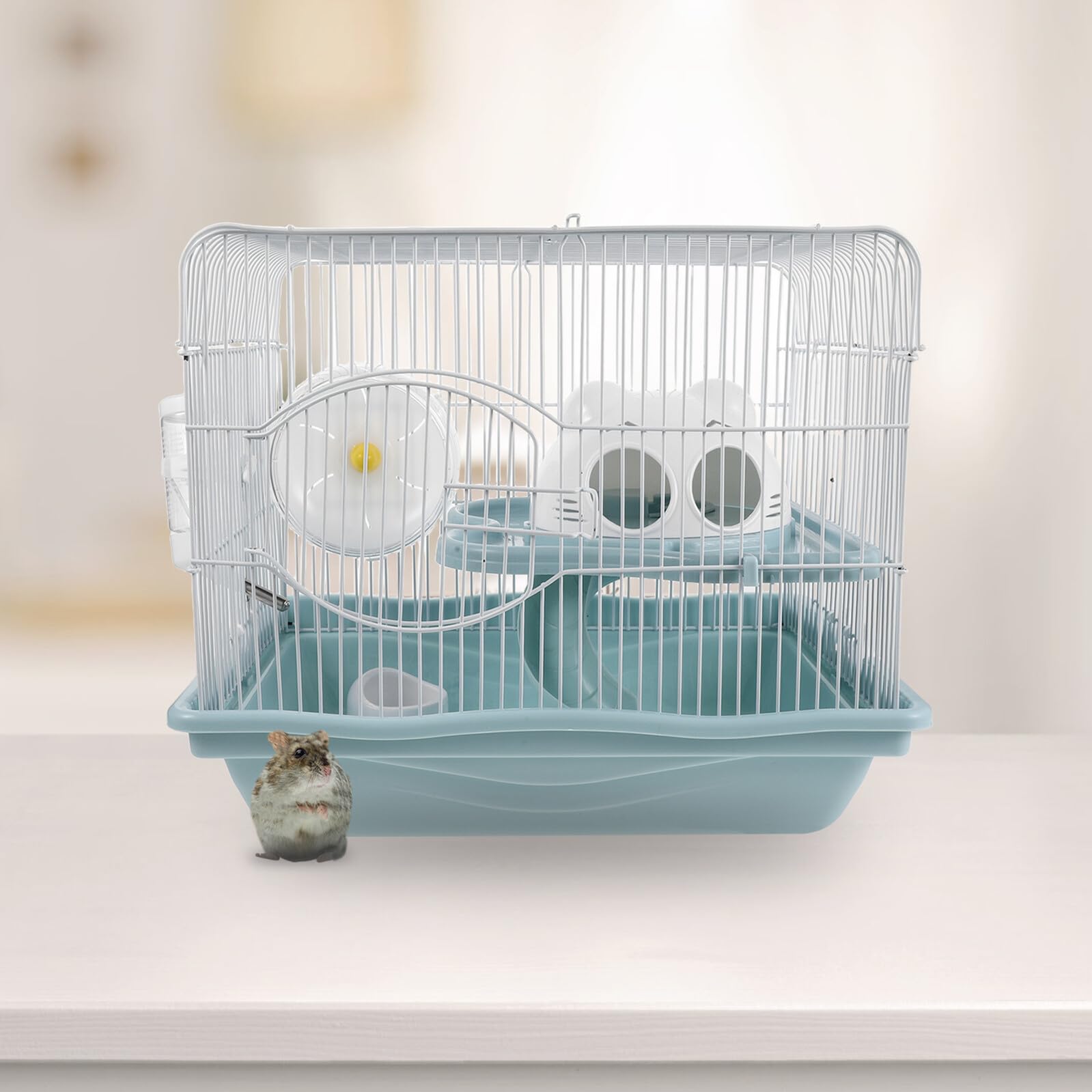 Double Layer Hamster Cage z Plastikową Podstawą Dwupoziomowe Siedlisko dla Chomików i Gerbil z Kółkiem Do Ćwiczeń Łatwe Czyszczeniu Do Użytku Domu