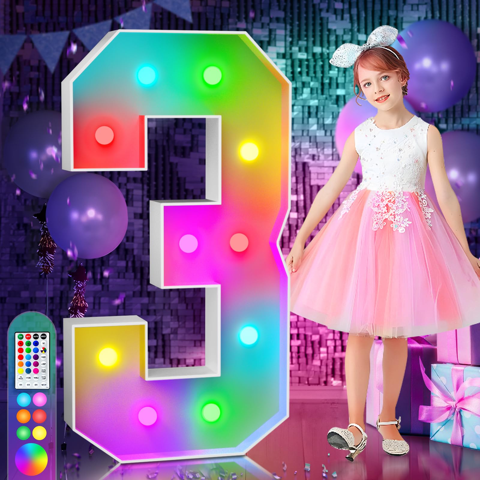 imprsv 4FT Colorful Marquee Light Up Numbers,18 Colors Number 3 With Remote, Light Up Numbers Sign for 13th 30th Birthday Anniversary Party Decor, Pre-Cut Foam Board Kit, Mosaic Numbers for Balloon