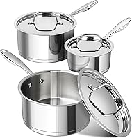 Michelangelo Tri-Ply Stainless Steel Saucepan Set 1QT 2QT 3QT with Lids - Induction Compatible Dishwasher Safe