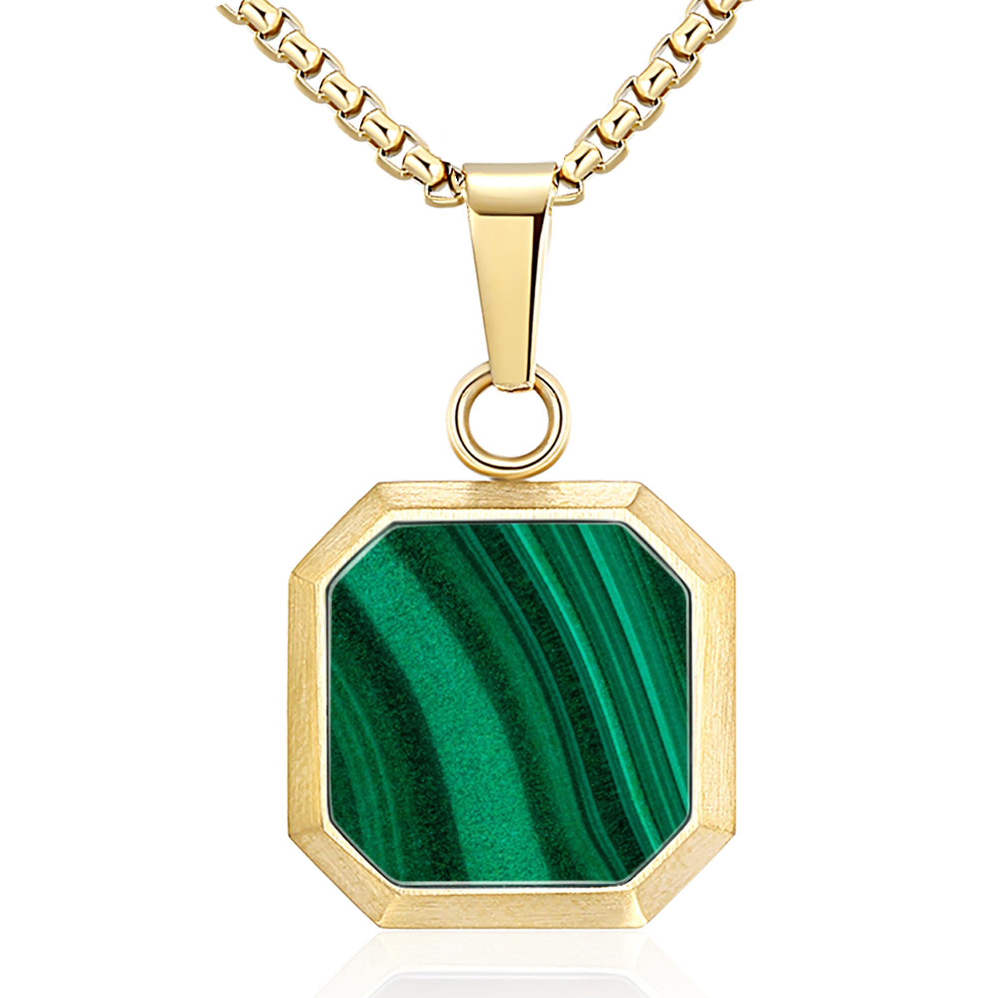 14K Gold Plated Necklace Black Onyx/Opal/Turquoise/Malachite/Lapis Lazuli/Tigers Eye Necklace for Men Women Stainless Steel Square/Rectangle Pendant Necklaces with Box Chain