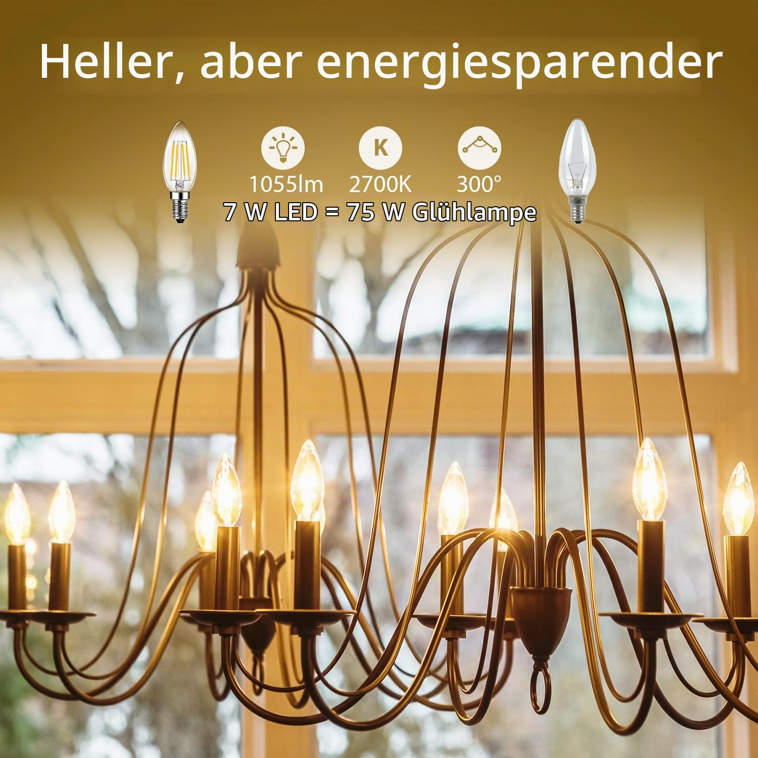 LVWIT E14 LED Warmweiß 7W, Kerzenlampe für Kronleuchter, Filament Glühbirne Kerzeform E14 1055LM 2700K, ersetzt 75W Halogenlampen, Classic Glühfaden, Nicht Dimmbar, 12er Pack
