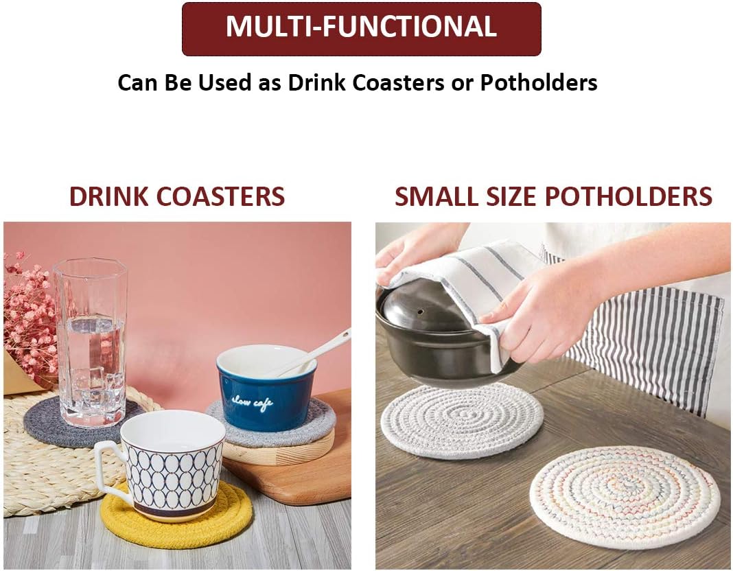 Absorbent Drink Coasters Handmade Braided Drink Coasters 6 Pack (4.3 Inch, Round, 8mm Thick) Super Absorbent Heat-Resistant Coasters for Drinks Great Housewarming Gift (Jute, 6 Pack) thumbnail