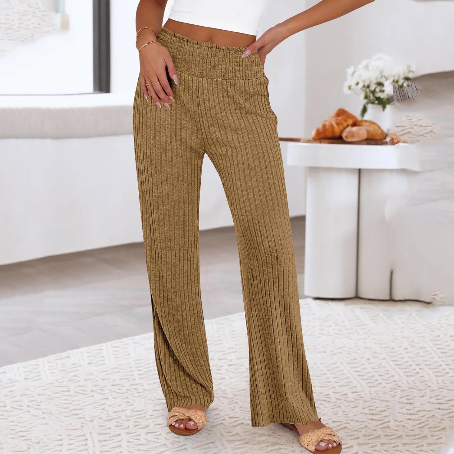 Womens Ribbed Knit Lounge Pajama Pants Casual Elastic High Waist Loose Wide Leg Pjs Pants Fall Soft Comfy PJ Bottoms