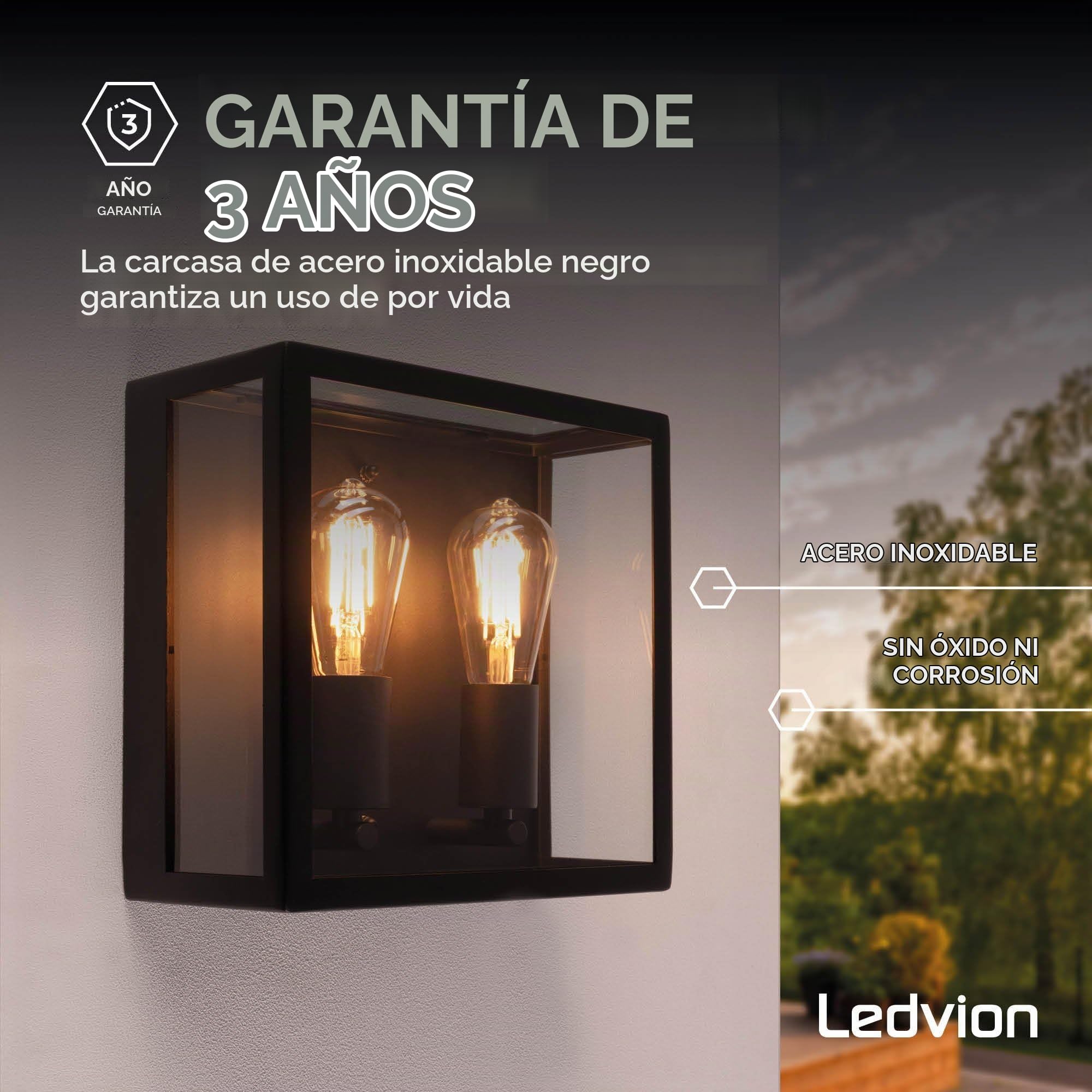 Ledvion - Lámpara de Pared LED, Casquillo E27, IP44, Negra, Para Dos Casquillos, Lámpara Exterior, Iluminación Exterior, Iluminación de Jardín