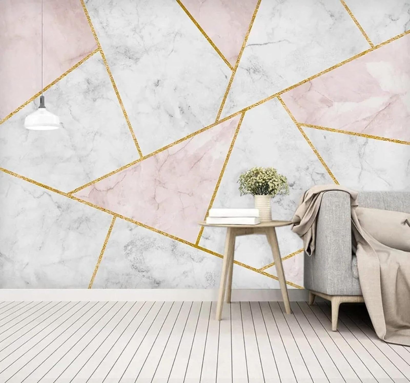3D Carta Da Parati Astratto Rosa Geometrico Effetto Marmo Fili Dorati