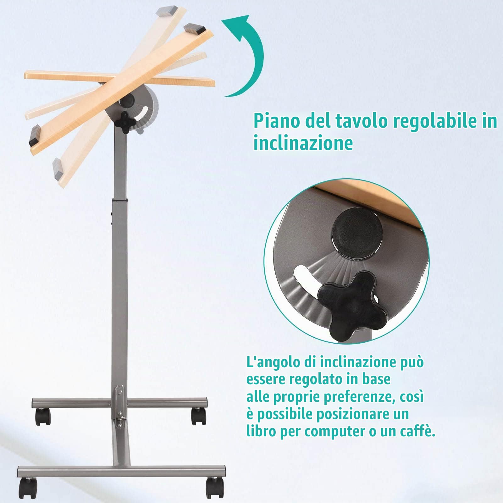 LIFEZEAL Scrivania per Laptop, Tavolino da Divano, Letto, Piano Inclinabile Porta PC, Computer, Notebook, Serviletto, 4 Ruote, Altezza Regolabile, per Soggiorno, Ufficio, Camera da Letto, Noce